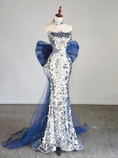 Light Grey Mermaid Sequins Long Party Dress with Bow, Sequins Prom Dress